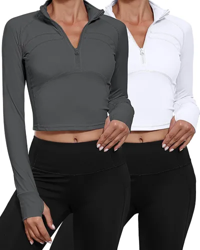 Vista 2 de Neer Paquete de 2 chaquetas de manga larga para mujer, con cremallera de 12, ombligueras de yoga, ajustadas, para correr, con agujeros para el pulgar