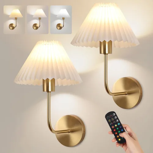 Vista 14 de Juego de 2 apliques de pared inalámbricos, pantallas plisadas recargables que funcionan con batería, luces de pared retro de cuello de ganso