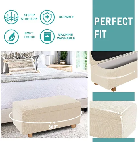 Vista 5 de CAMZ Funda otomana de almacenamiento elástica de 2 piezas, funda otomana rectangular con tapa de almacenamiento, funda para reposapiés, banco, Beige