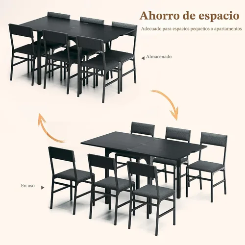 Vista 4 de Juego de mesa de comedor de 7 piezas para 4-6, sillas extensibles para mesa de cocina, juego de 6 con 6 sillas, mesa de comedor rectangular con Negro