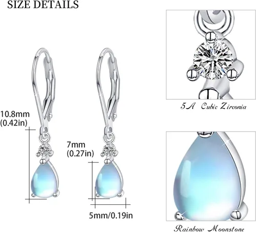 Vista 6 de Aretes de piedra lunar con cierre de palanca, turquesa, piedra lunar, circonita cúbica, piedra natal, aretes de palanca para mujer, aretes colgantes