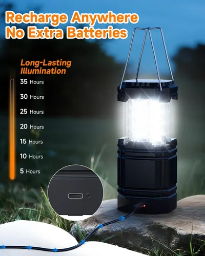 Vista 2 de Paquete de 4 faroles solares para campamento, linterna LED recargable con linterna, USB-C y funciona con energía solar, luces de emergencia