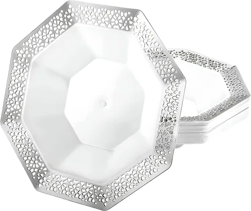 Vista 5 de Lillian Tablesettings Platos de plástico, 11 paquete de 10 platos de lacetágono, 11 pulgadas, blanco perla (34591)