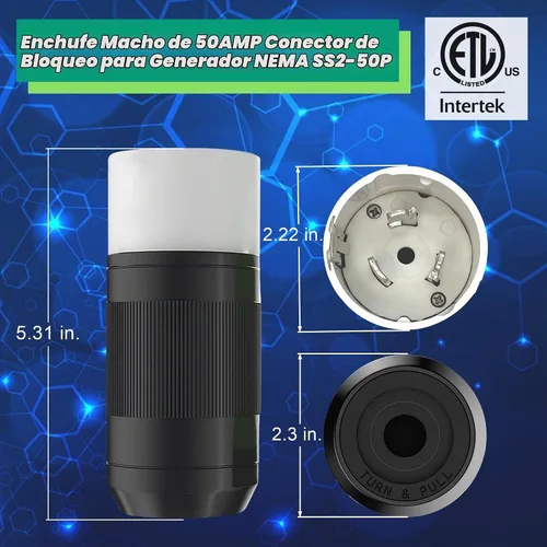 Vista 2 de Conector Macho de Generador Sintron 50 Amp NEMA SS2-50P, Enchufe Marino de 4 Clavijas de Hoja Recta de 3 Polos para EE. UU./Canadá, 4 Alambres