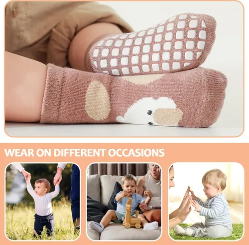 Vista 6 de TRUEHAN 5 pares de calcetines antideslizantes con puños para bebés, para niños y niñas