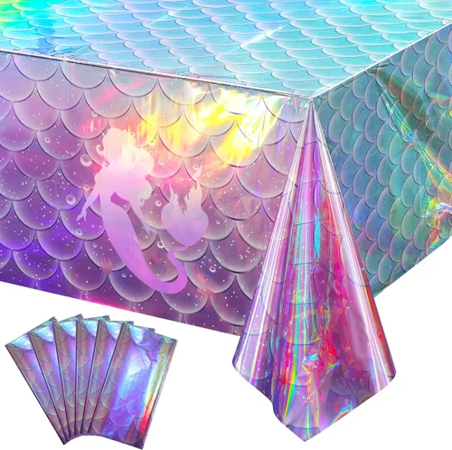 Vista 9 de 1 mantel de plástico iridiscente de sirena, manteles desechables con láser de sirenas, funda de mesa desechable para niñas, cumpleaños, bodas