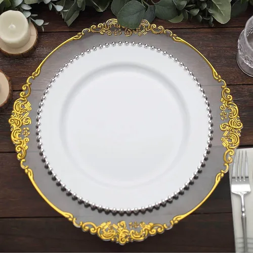 Vista 10 de Efavormart - Paquete de 10 platos de postre de plástico transparente rubor con borde de cuentas, platos redondos desechables para ensalada, 8