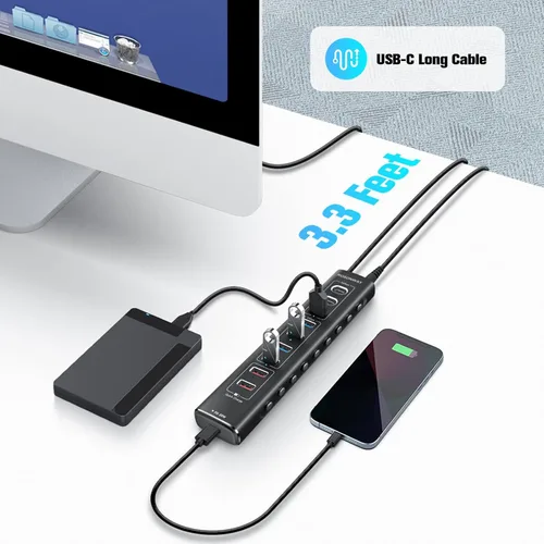 Vista 5 de Rosonway Hub USB 3.2/USB C alimentado de 10 puertos de 60 W con puertos USB-3.2 de 3 x 10 Gbps (2C + 1A), 4 puertos de datos USB 3.0, 1 USB-C PD y 2
