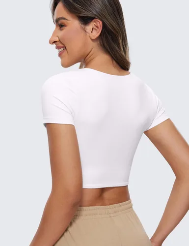Vista 2 de CRZ YOGA Butterluxe - Camiseta corta de manga corta con doble forro para mujer, cuello redondo, casual, para entrenamiento, bonita camiseta básica