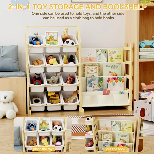 Vista 2 de Organizador de Almacenamiento de Juguetes de Madera Estantería para Niños, con 12 Contenedores Organizadores de Juguetes, Estante de Libros