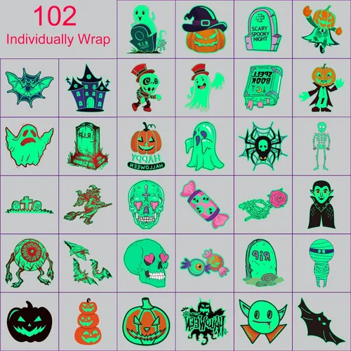 Vista 2 de Para suministros de recuerdos de fiesta de Halloween, 102 tatuajes temporales que brillan en la oscuridad envueltos individualmente para niños