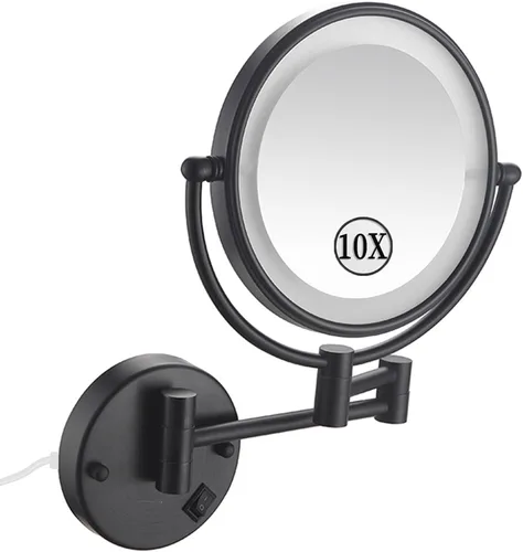 Vista 18 de KEYQEEN Espejo de maquillaje LED con luces, espejo de aumento de doble cara 1X/10X, espejo de aumento negro cableado montado en la pared giratorio