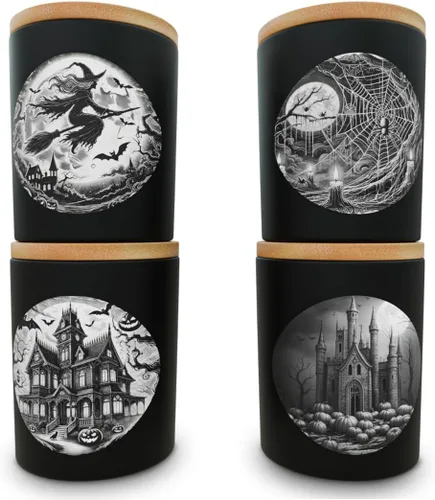 Vista 2 de NATIKON Tarros de vela de vidrio negro de 9 onzas con tapas herméticas, paquete de 4 con diseños de casa encantada, castillo y bruja