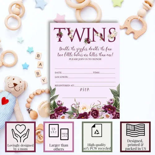 Vista 3 de AmandaCreation - Invitaciones florales de peonía morada para baby shower para gemelos, 20 tarjetas de relleno de 5 x 7 pulgadas con veinte sobres