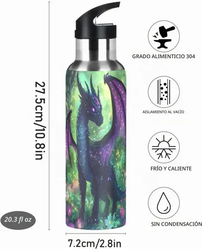 Vista 4 de Purple Dragon Botella de Agua para Niños Aislada Deportiva al Vacío de Acero Inoxidable con Tapa de Pajita y Asa 20 oz a001