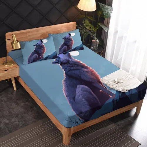 Vista 2 de Howling Wolf Sábanas tamaño individual – Sábanas de cama de lobos, microfibra suave y bolsillo profundo y sábanas y fundas de almohada estampadas