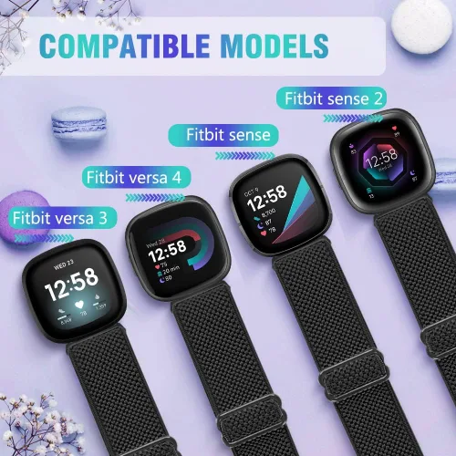 Vista 5 de Paquete de 3 correas elásticas de nailon compatibles con Fitbit Versa 4/Versa 3/Sense 2/Sense, suave, ajustable, transpirable, correas de repuesto