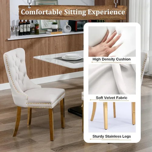 Vista 6 de Moderno juego de mesa de comedor de cristal de 5 piezas para 4, 70 pulgadas rectangular con 4 sillas copetudas de terciopelo beige, juego de mesa