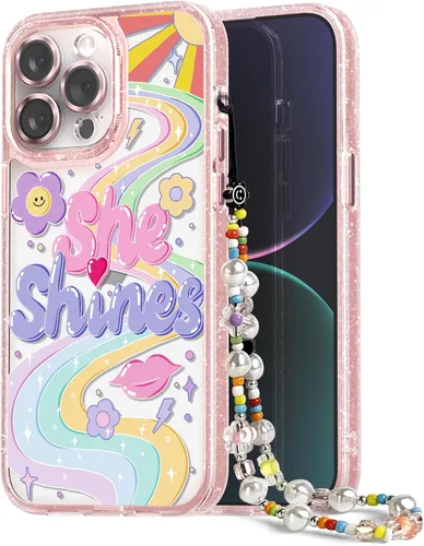 Vista 70 de Compatible para iPhone 13 Funda Bonita Estética - Funda para Teléfono Rosa con Purpurina con Protector de Cámara - Diseño de Cubierta