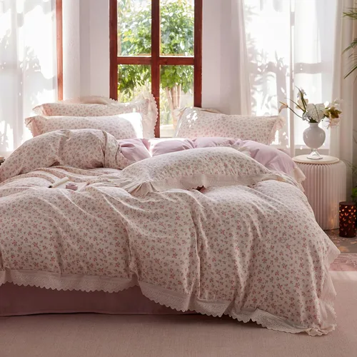 Vista 44 de Juego de funda de edredón blanca con estampado floral azul, juego de ropa de cama de algodón suave estilo bohemio, juego de ropa de cama estética