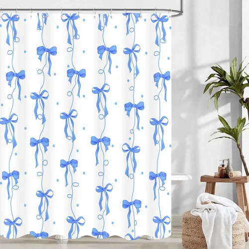 Vista 13 de Cortina de ducha con lazo negro, bonita cortina de ducha coqueta estética para adolescentes y niñas, decoración de tela impermeable con 12 ganchos