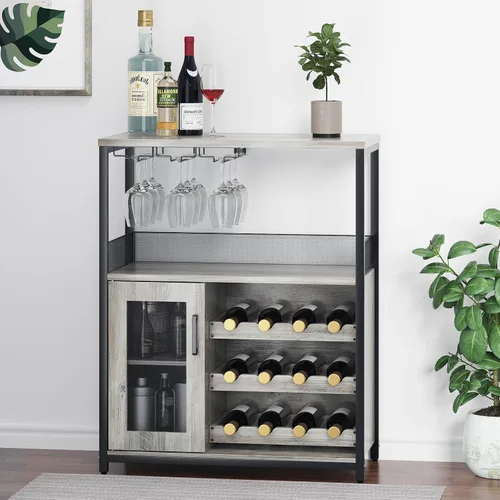 Vista 11 de IDEALHOUSE Armario de bar de vinos de 3 niveles con estante y cajón desmontable para vinos, aparador industrial y gabinete de buffet con soporte