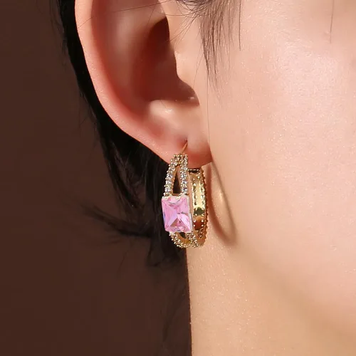 Vista 2 de Pendientes de aro para mujer S925 con aguja de plata con incrustaciones de circonitas Preppy Pendientes de moda para mujer
