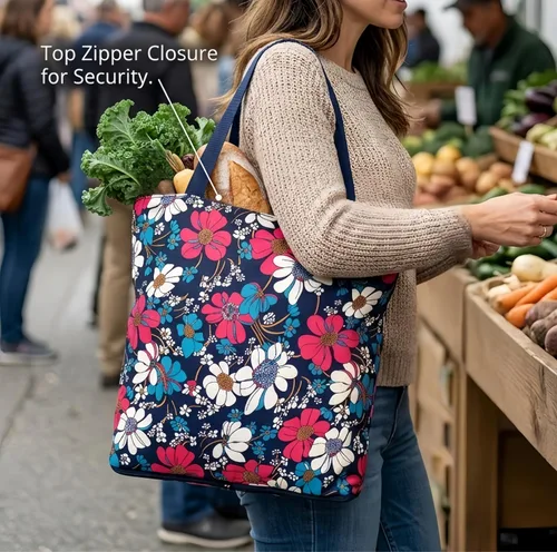 Vista 3 de Bolsas de comestibles plegables reutilizables con cremallera (azul floral)