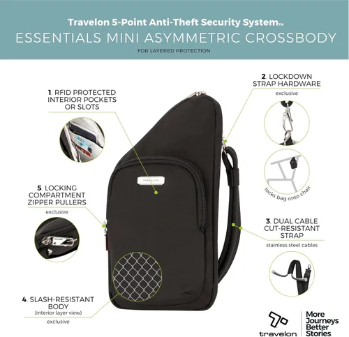Vista 3 de Travelon Bolso cruzado compacto antirrobo Essentials, Negro -, Bolso bandolera