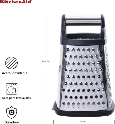 Vista 2 de KitchenAid Gourmet - Rallador de caja de acero inoxidable de 4 lados para rejilla fina, media y gruesa, contenedor de almacenamiento desmontable