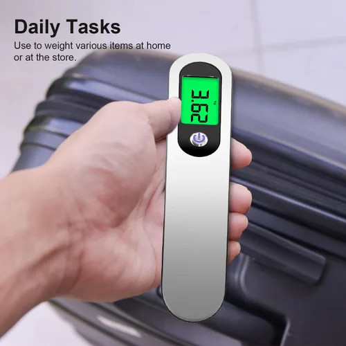 Vista 2 de Raabiko Báscula digital de equipaje (paquete de 2), báscula digital de equipaje de mano con capacidad de 110 libras, batería incluida, plata satinada