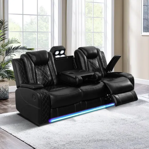 Vista 9 de Silla reclinable eléctrica, sofá biplaza, sofá para sala de estar, cómodo asiento de cuero transpirable para cine en casa con puertos de carga USB