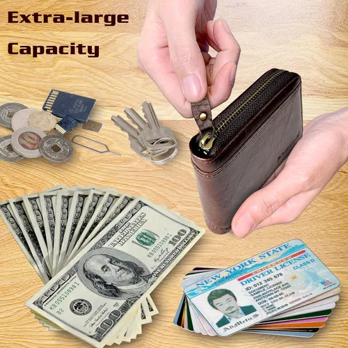 Vista 38 de Admetus Billeteras con bloqueo RFID para hombre, billetera de cuero con cremallera para hombres con tarjetero RFID plegable