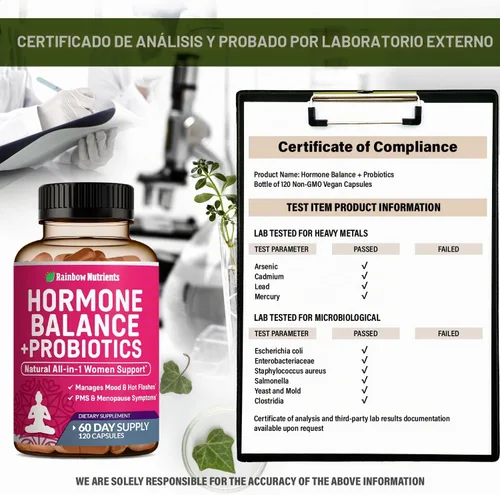 Vista 6 de Equilibrio Hormonal + Probióticos para Mujeres - Alivio Natural de la Menopausia, Control de Peso, Hinchazón, Sofocos, SPM Maca Orgánica