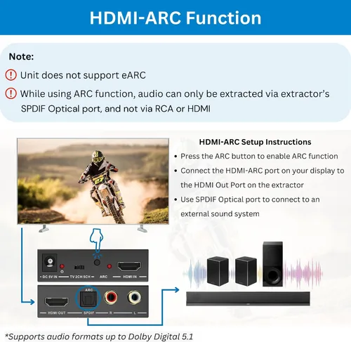 Vista 4 de J-Tech Digital Extractor de audio HDMI 4K 60Hz HDMI a óptico SPDIF + RCA, compatible con HDMI ARC Dolby Digital DTS CEC HDCP 1.4 [JTD4KATSW]