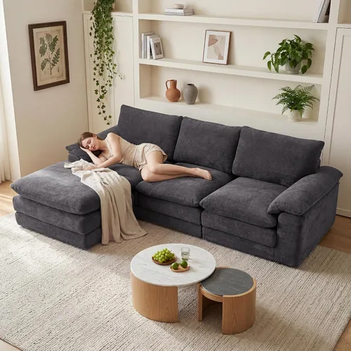 Vista 27 de Sofás seccionales de nube deshuesada de 110 pulgadas para sala de estar, sofá modular en forma de L con otomana, moderno y cómodo sofá nube con Negro