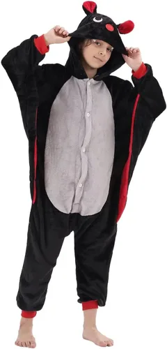 Vista 2 de Disfraz de una pieza de franela con capucha para niños y niñas, disfraz de Halloween de animales negro (Black Bat)