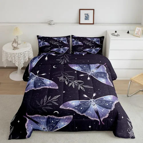Vista 11 de Erosebridal Juego de ropa de cama de calavera gótica, flores mandala, mariposa hippie para niñas y niños, edredón de esqueleto de la muerte de Negro