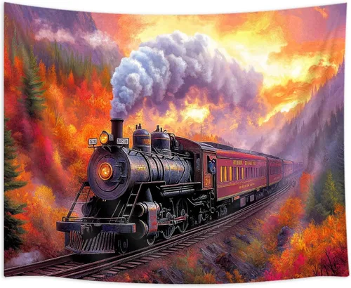 Vista 5 de Tapiz de Tren de Vapor, Tapices de Paisaje Otoñal de Tren de Motor Antiguo Decoración para Niños, Tapices de Arte de Acuarela de Bosque de Montaña