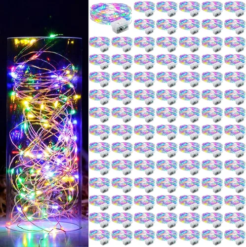 Vista 36 de Aogist Paquete de 24 luces de hadas, 3 modos, 2,1 metros, 20 luces LED, impermeables, cable plateado, funcionan con pilas, mini luces de alambre