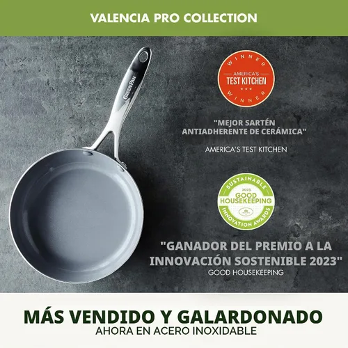 Vista 4 de GreenPan Valencia Pro Sartén de Acero Inoxidable de 8", Sartén Apta para Inducción con Tri-Capa Espejada, Cerámica Antiadherente Sin PFAS, Batería