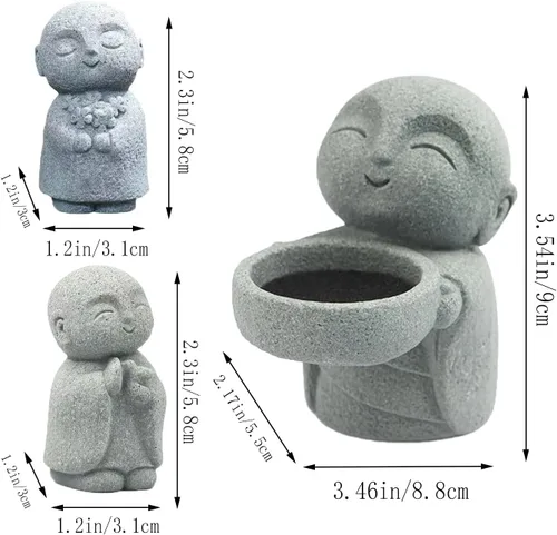 Vista 2 de livelyfish Estatua de monje japonés de 3 piezas de estatuas de buda de piedra arenisca zen rezando, esculturas asiáticas de jardín para buena