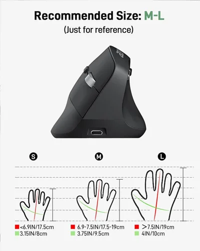 Vista 5 de Acer Ratón Ergonómico Inalámbrico, Ratón Vertical con DPI Ajustable 1000/1200/1600 con 6 Botones, Ratón Ergo Recargable con Receptor USB de 2.4GHz