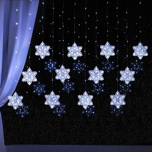 Vista 11 de BLOOMWIN Luces de ventana de decoración de Navidad de 10 pies, 12 copos de nieve, luces de carámbano, luces USB de cortina de Navidad para Copos