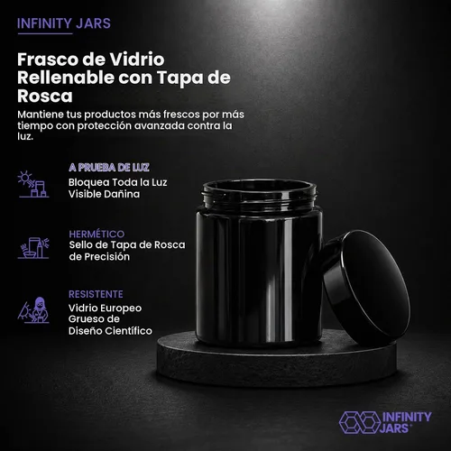 Vista 2 de Infinity Jars – Tarro de 250 ml (8.3 fl oz) alto negro ultravioleta rellenable de cristal con tapón de rosca