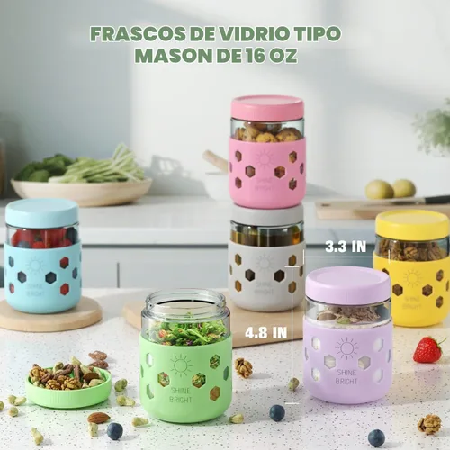 Vista 2 de Lazyshine Paquete de 6 recipientes de vidrio para avena durante la noche con tapas, tarros Mason de 16 onzas con fundas de silicona, tarros Vaso