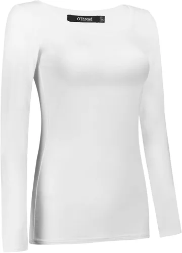 Vista 3 de OThread & Co. Camiseta de manga larga con cuello redondo para mujer, capa básica, de elastano