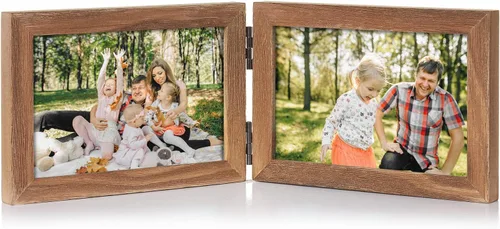 Vista 24 de Marco de fotos doble de 4 x 6 pulgadas con bisagras horizontales, marco de fotos plegable en madera de pino negro con vidrio real para mesa