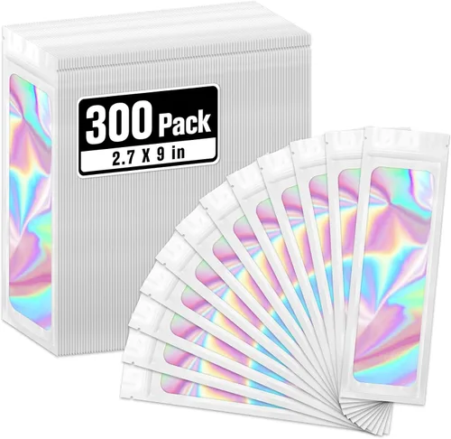 Vista 12 de ANZNKU Paquete de 300 bolsas multicolor para bolígrafos, bolsas holográficas de Mylar con ventana transparente, bolsas de embalaje a prueba
