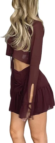 Vista 3 de Conjunto de dos piezas para mujer, camiseta corta con cuello en V y manga larga con volantes y falda de cintura alta de color sólido, ropa de club